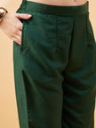 Green  Cotton Blend Solid A-Line Kurta  Trouser