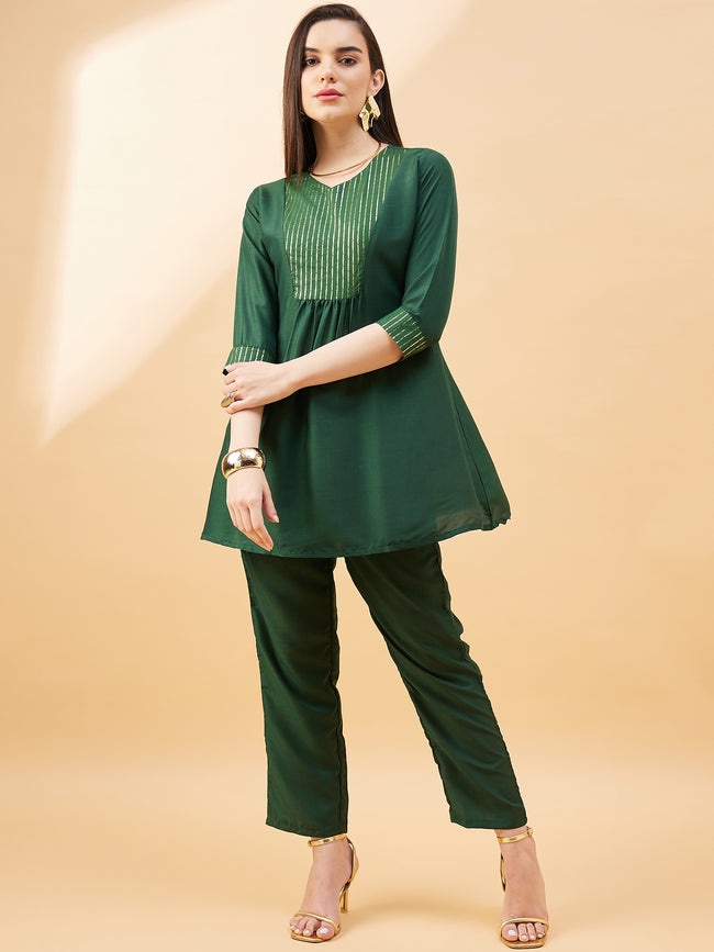 Green  Cotton Blend Solid A-Line Kurta  Trouser