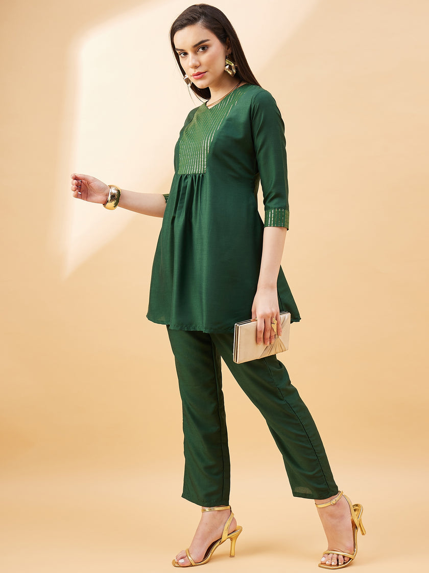 Green  Cotton Blend Solid A-Line Kurta  Trouser