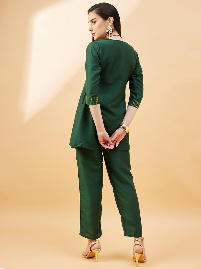 Green  Cotton Blend Solid A-Line Kurta  Trouser