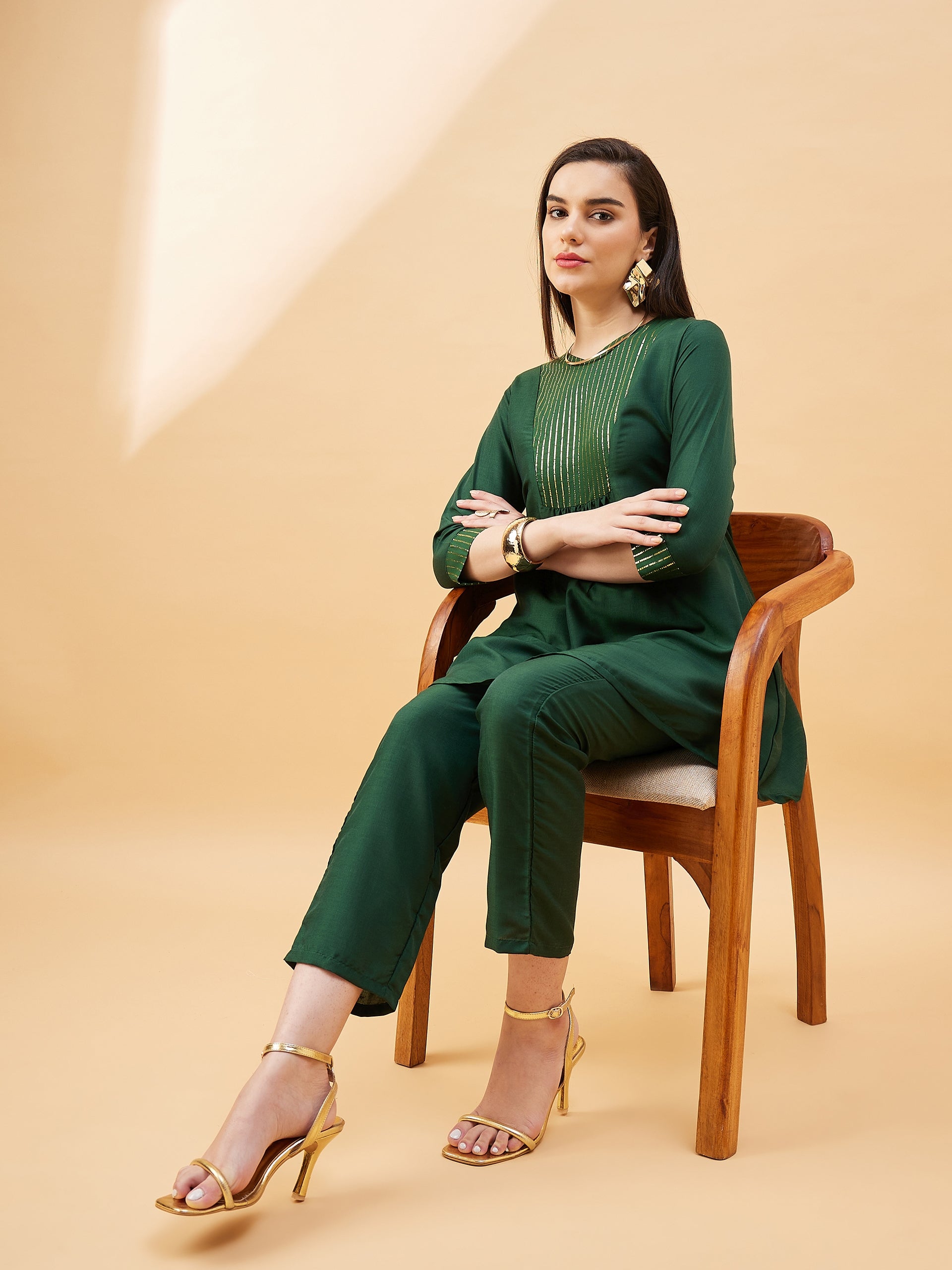 Green  Cotton Blend Solid A-Line Kurta  Trouser