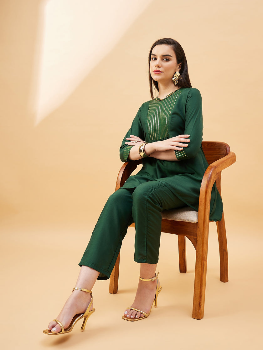 Green  Cotton Blend Solid A-Line Kurta  Trouser
