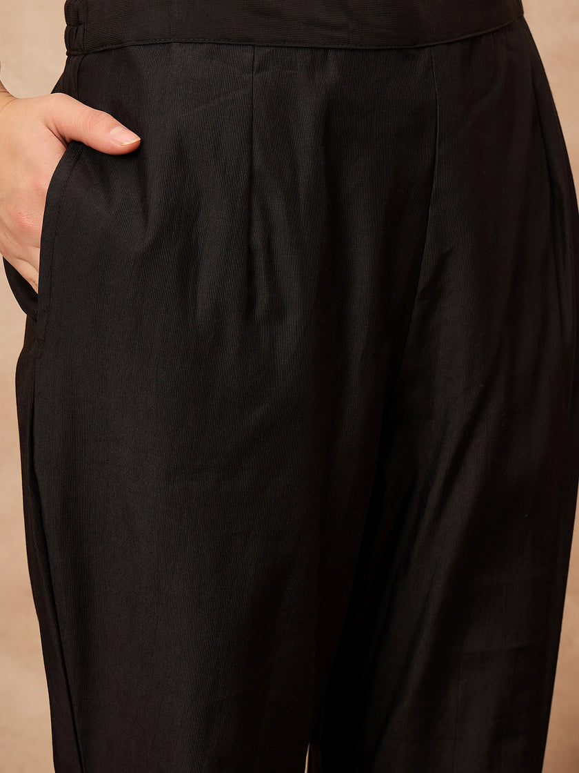 Black Silk Blend Solid A-Line Kurta Trouser with Dupatta