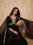 Black Silk Blend Solid A-Line Kurta Trouser with Dupatta