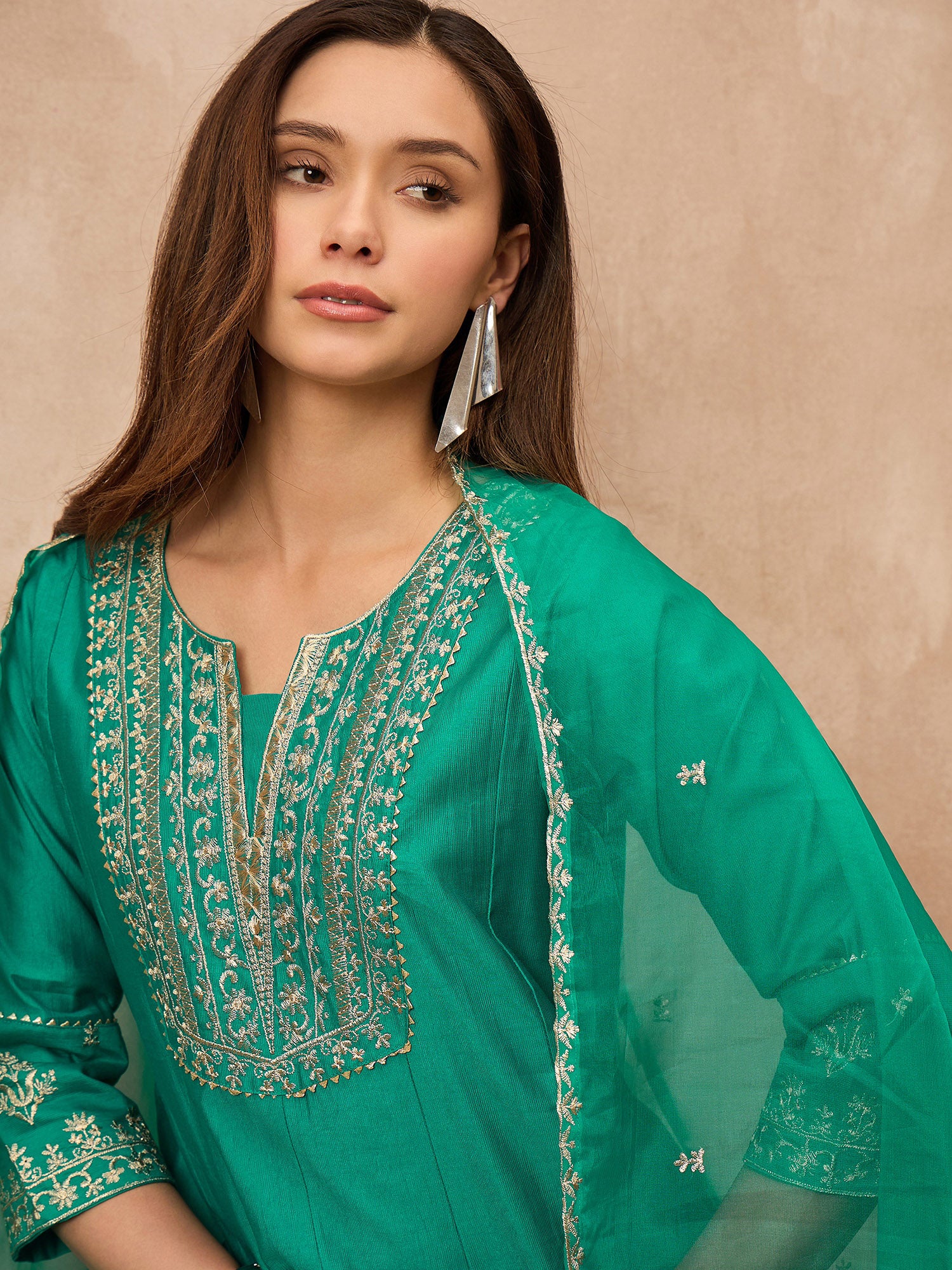 Green Chanderi Silk Solid A-Line Kurta Trouser with Dupatta