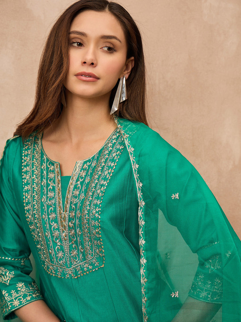 Green Chanderi Silk Solid A-Line Kurta Trouser with Dupatta