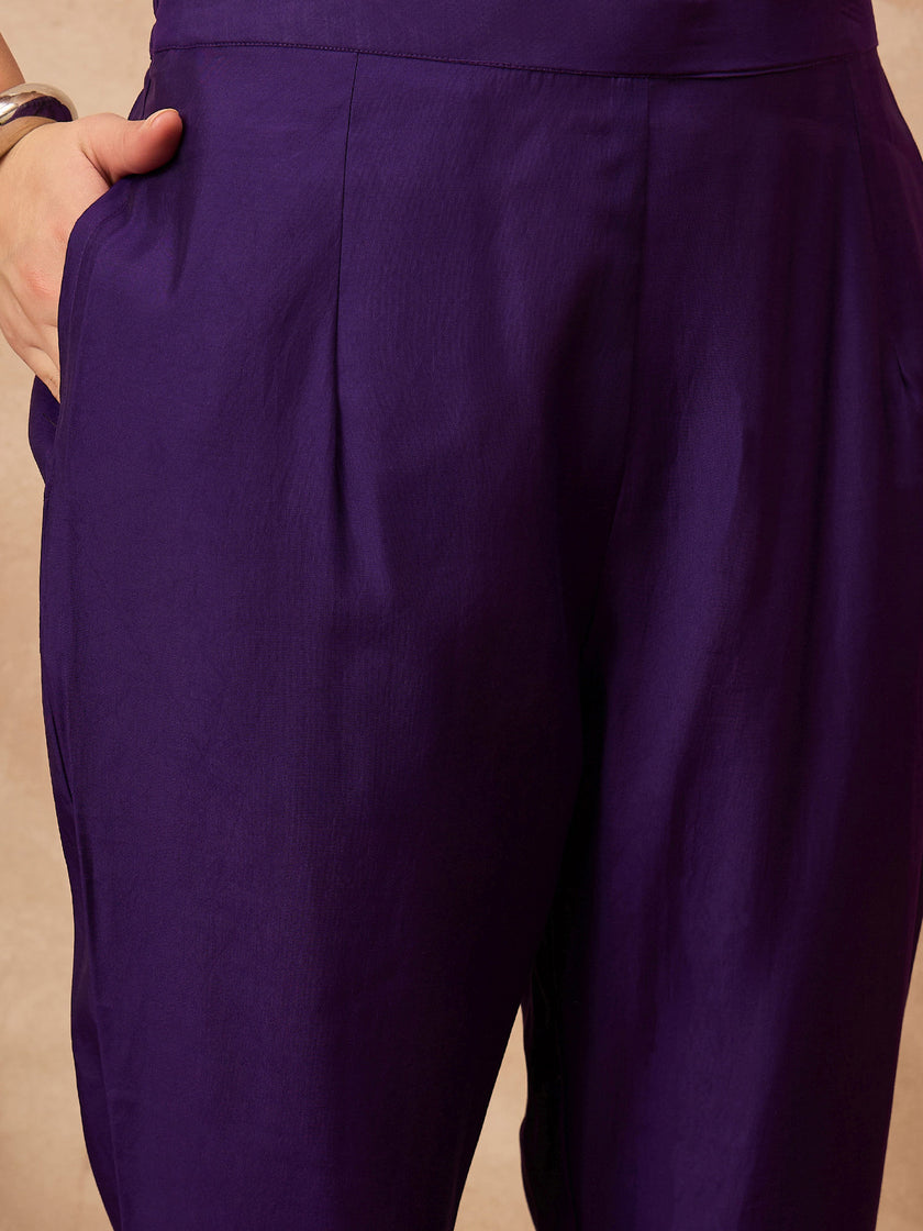 Purple Chanderi Silk Printed A-Line Kurta Trouser
