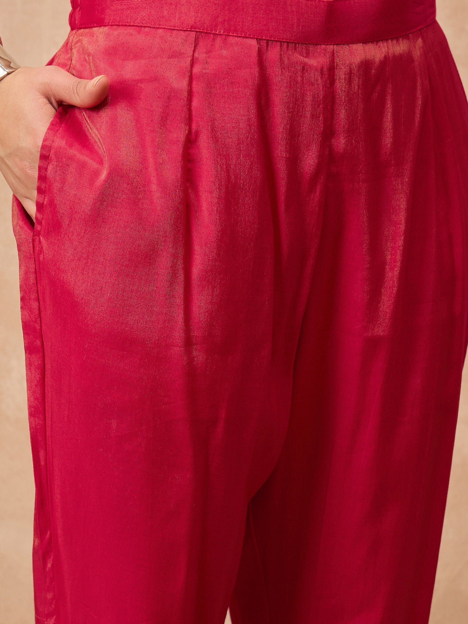 Rose Chanderi Silk Solid A-Line Kurta Trouser with Dupatta