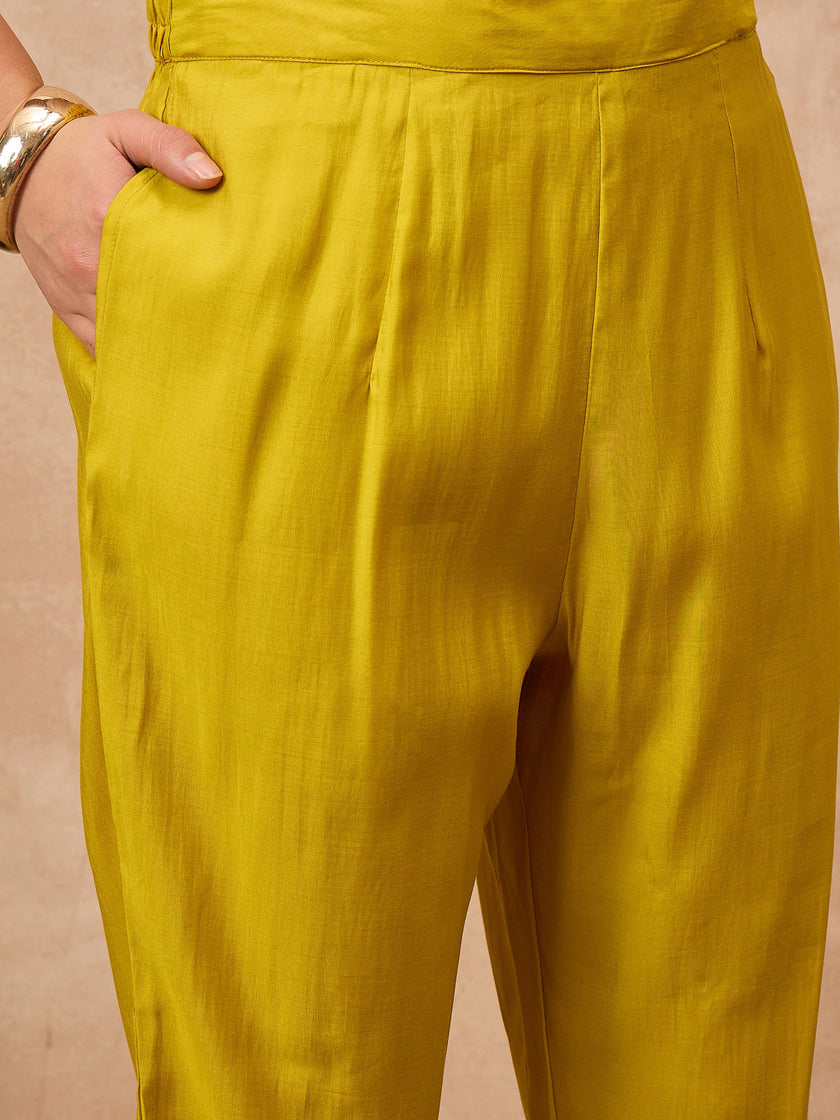 Yellow Silk Blend Solid A-Line Kurta Trouser