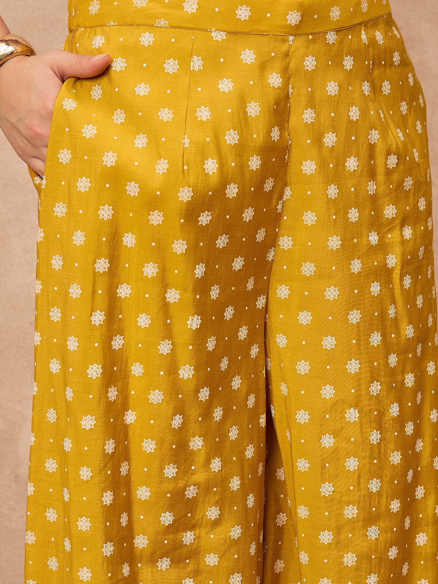 Yellow Silk Blend Printed A-Line Kurta Palazzo