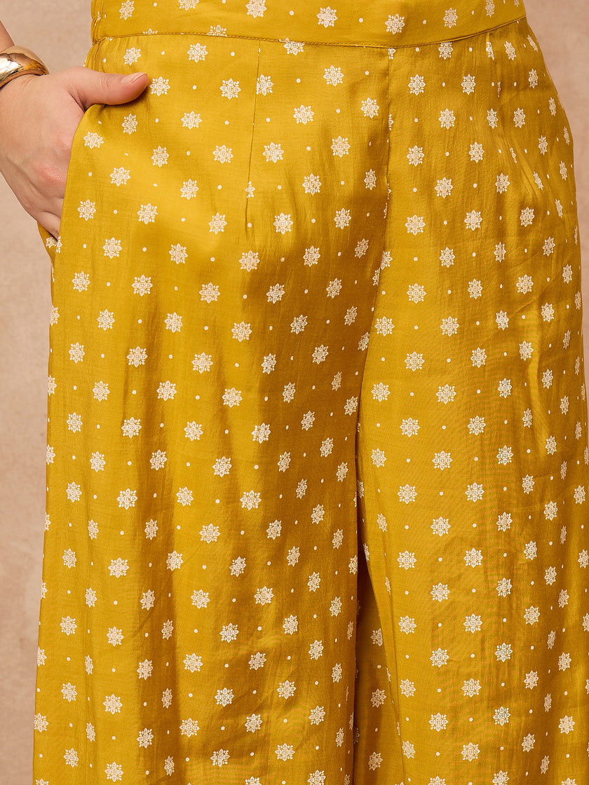 Yellow Silk Blend Printed A-Line Kurta Palazzo