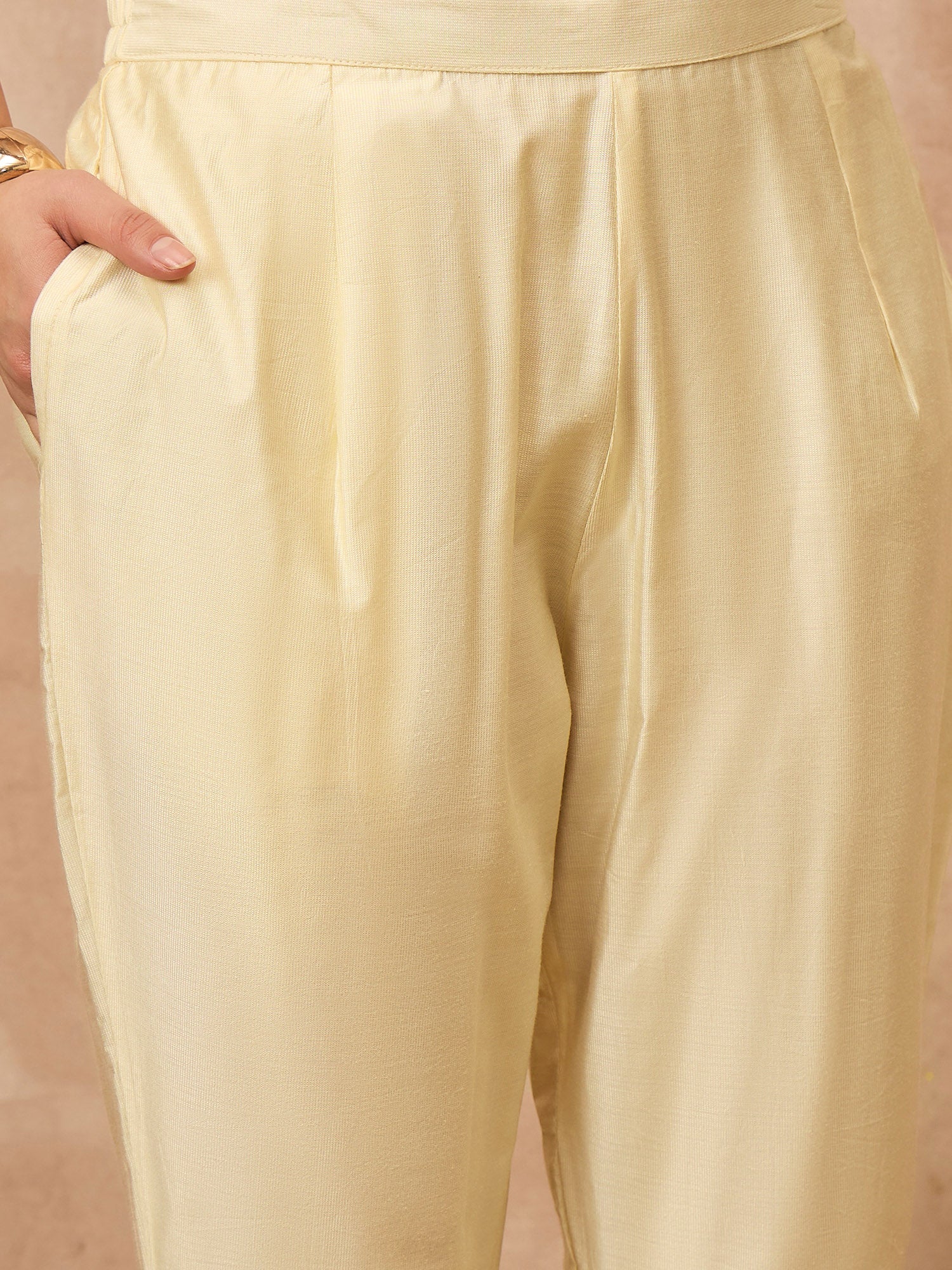 Cream Satin Solid A-Line Kurta Trouser with Dupatta
