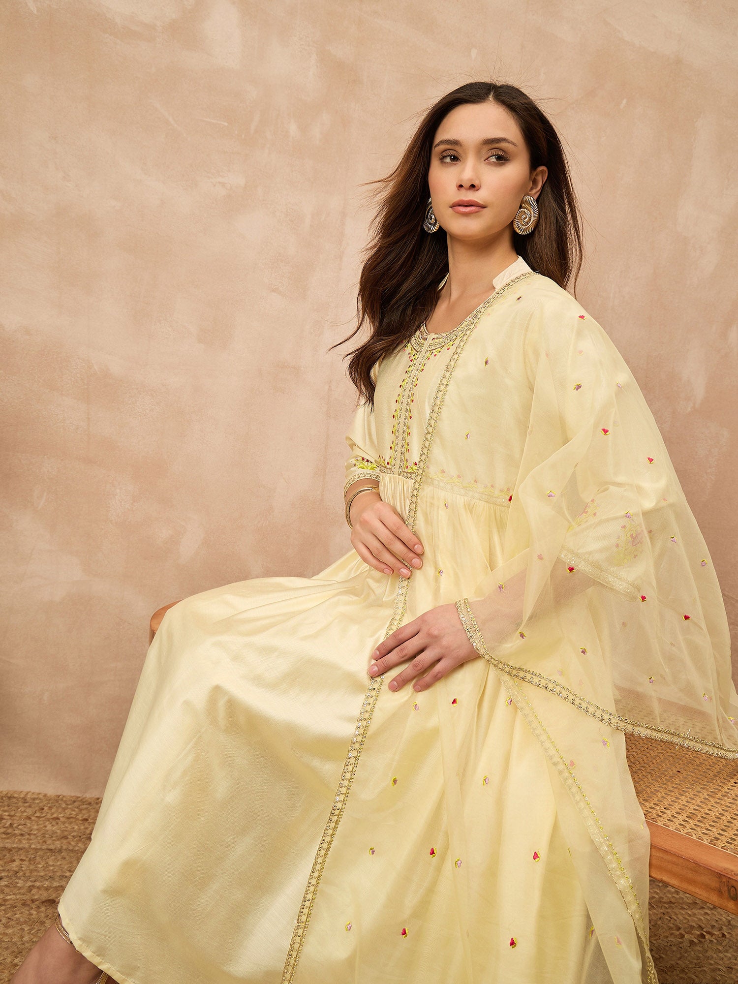 Cream Satin Solid A-Line Kurta Trouser with Dupatta