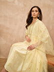 Cream Satin Solid A-Line Kurta Trouser with Dupatta