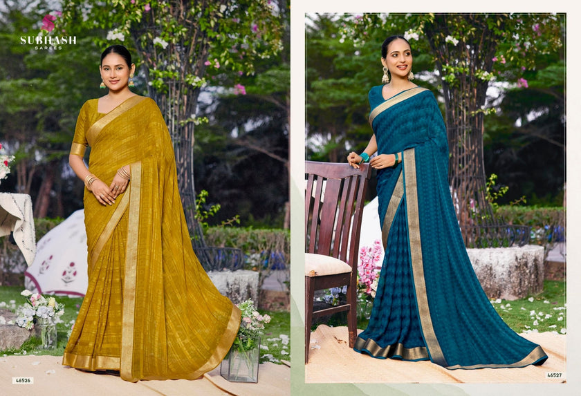 Riviera-28 : Soild Moss Chiffon Geo.Printed Saree with Chiffon Blouse