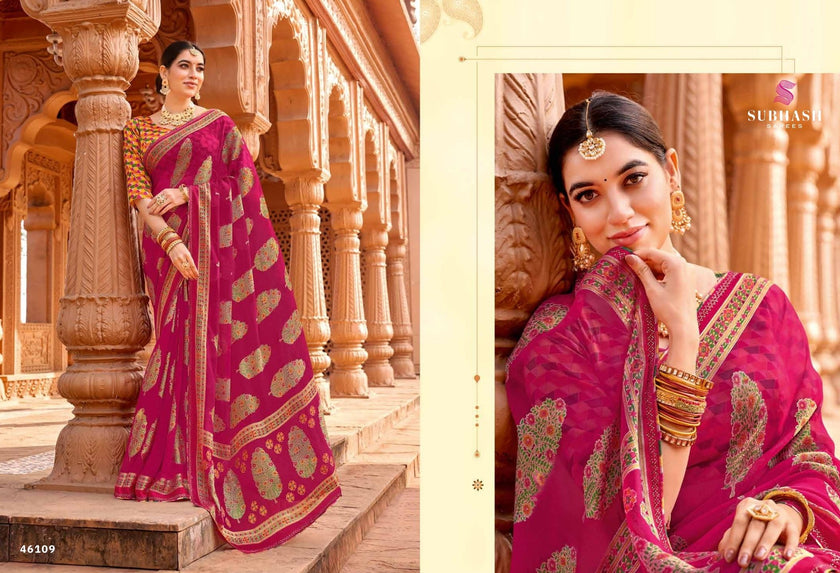 Vintage-27 : Chiffon Brasso Heritage Butti Print Sarees with Printed Tusser Silk Blouse