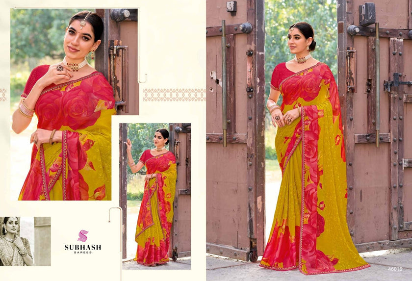 Rakshita: Chiffon Printed Embroidered Sarees with Tusser Silk Blouse