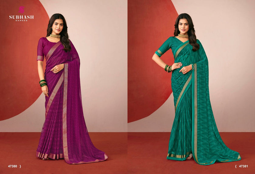 Riviera-29 : Printed Gerorgette with Gold jari Border Saree with Designer Printed Blouse
