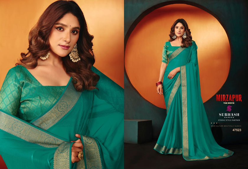 Rani - Mirzapur Special : Soild Sai Chiffon Saree with Gold Jari Border & Designer Blouse