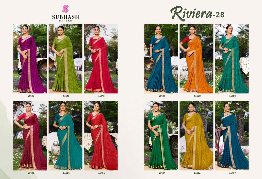 Riviera-28 : Soild Moss Chiffon Geo.Printed Saree with Chiffon Blouse