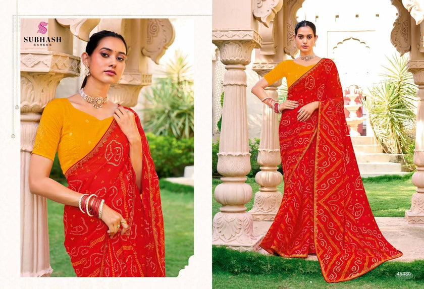 Bandhej-02 : Pure Chiffon Bandhani Print Embroidered Border Saree with Designing Blouse