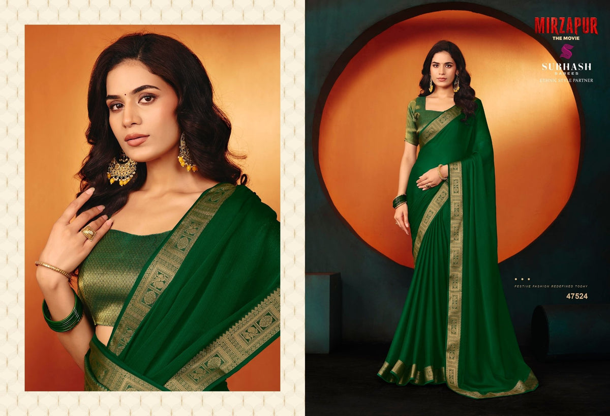 Rani - Mirzapur Special : Soild Sai Chiffon Saree with Gold Jari Border & Designer Blouse