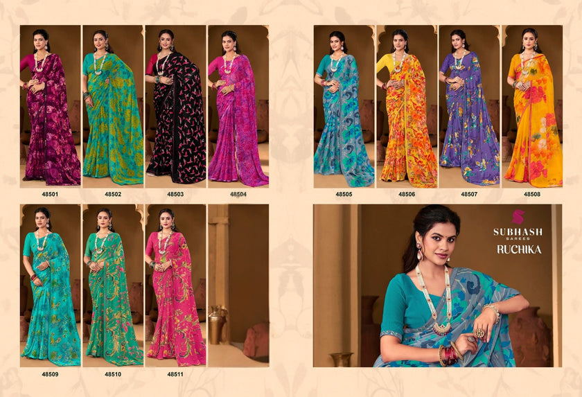 Ruchika : Georgette Printed Saree with Designer Border & Georgette Blouse