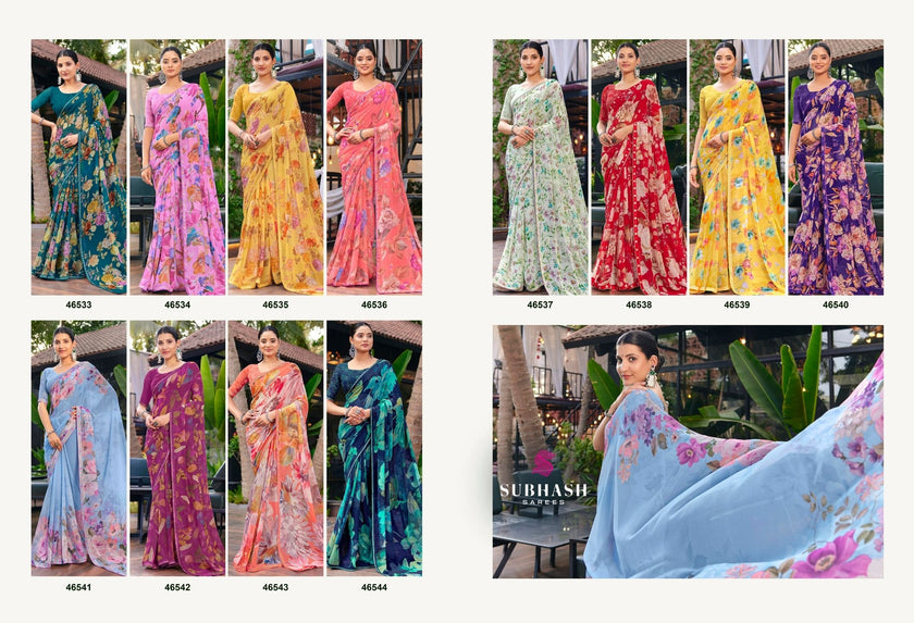 Kalyani-4 : Soft Georgette With Piping Border Floral Printed Saree with Printed Blouse
