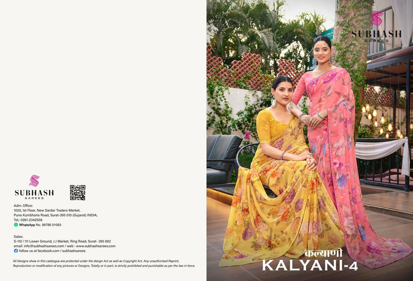 Kalyani-4 : Soft Georgette With Piping Border Floral Printed Saree with Printed Blouse