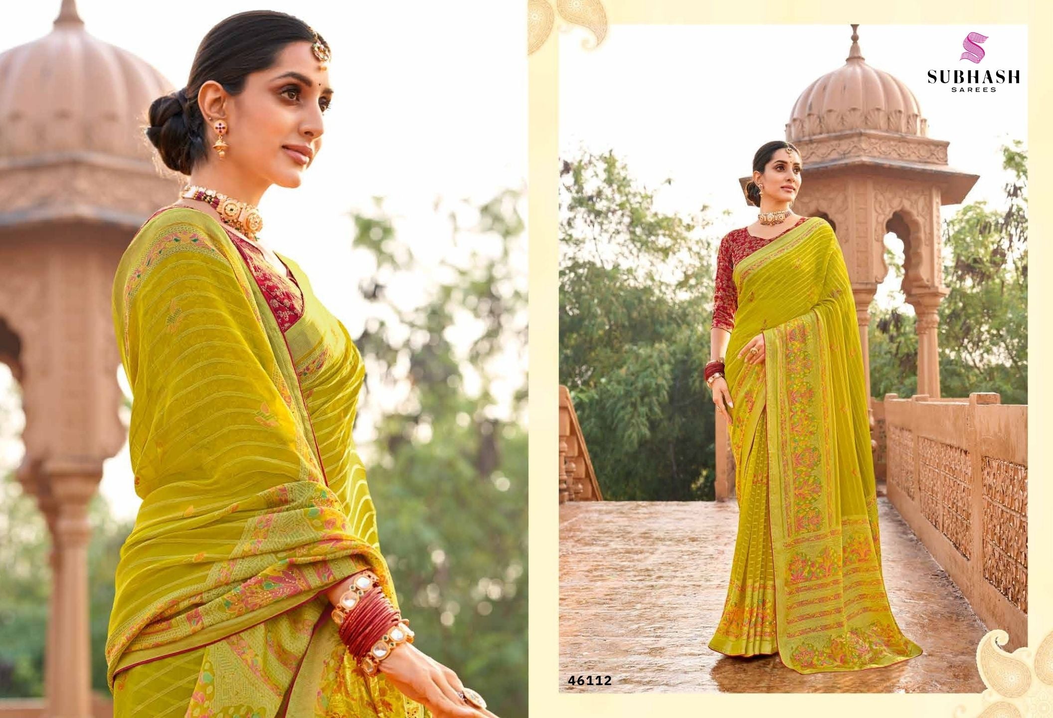 Vintage-27 : Chiffon Brasso Heritage Butti Print Sarees with Printed Tusser Silk Blouse