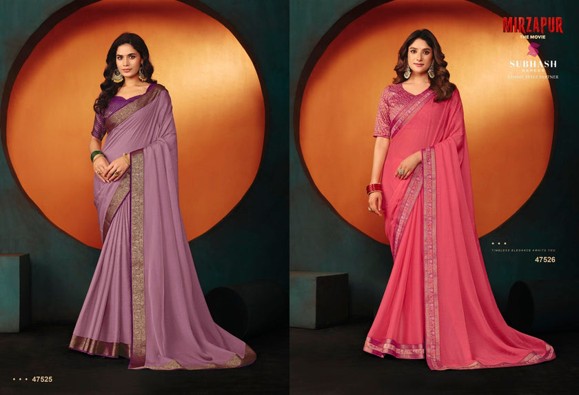 Rani - Mirzapur Special : Soild Sai Chiffon Saree with Gold Jari Border & Designer Blouse