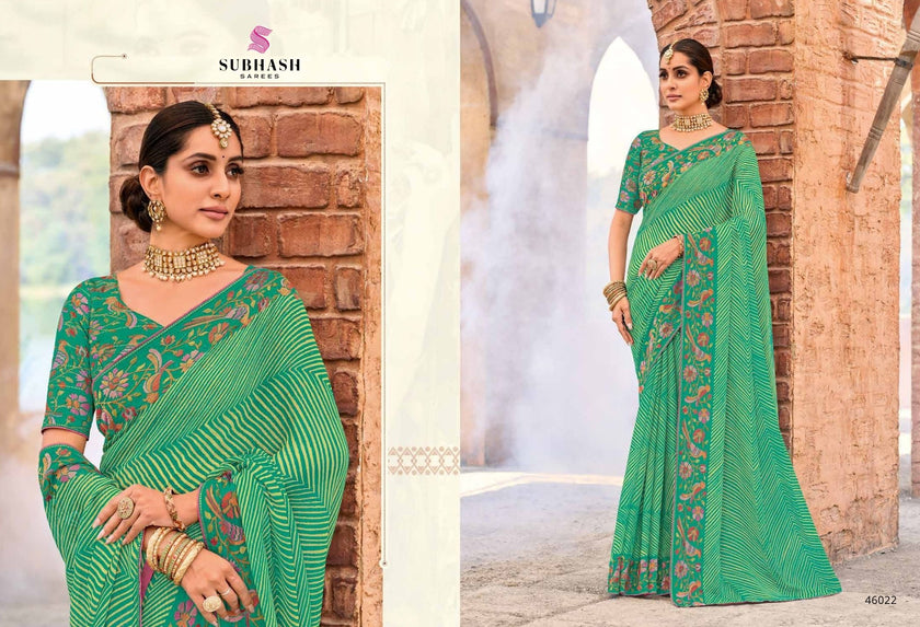 Rakshita: Chiffon Printed Embroidered Sarees with Tusser Silk Blouse