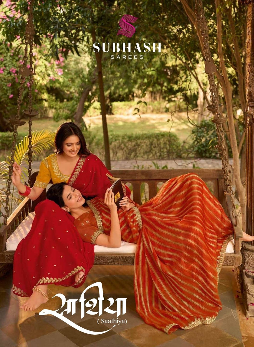 Saathiya: Chiffon Organza Designer Embroidered Sarees with Tusser Silk Blouse
