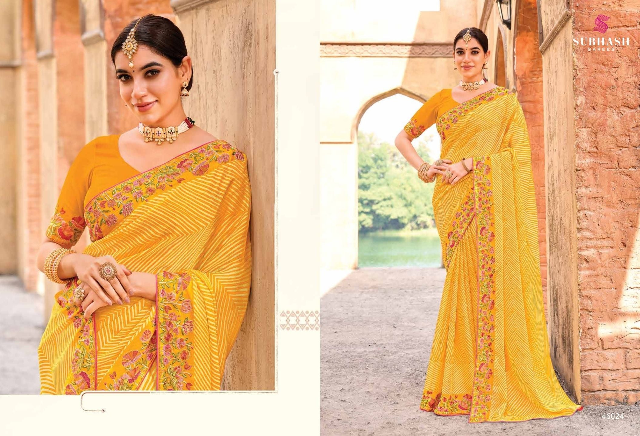 Rakshita: Chiffon Printed Embroidered Sarees with Tusser Silk Blouse