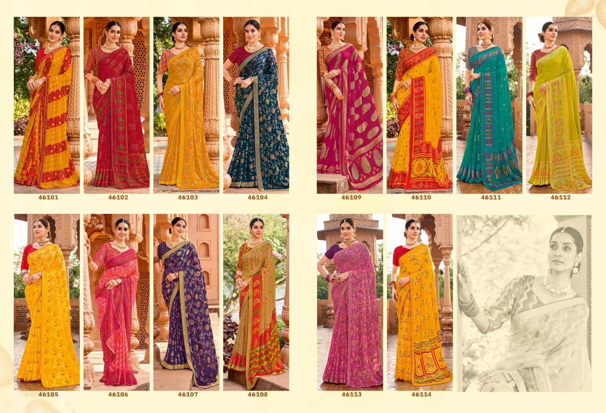 Vintage-27 : Chiffon Brasso Heritage Butti Print Sarees with Printed Tusser Silk Blouse