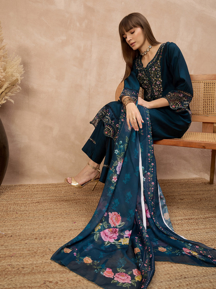 Blue Pure Cotton Beads & Stone Embroidered With Buttons A-Line Kurta Trouser With Printed Dupatta