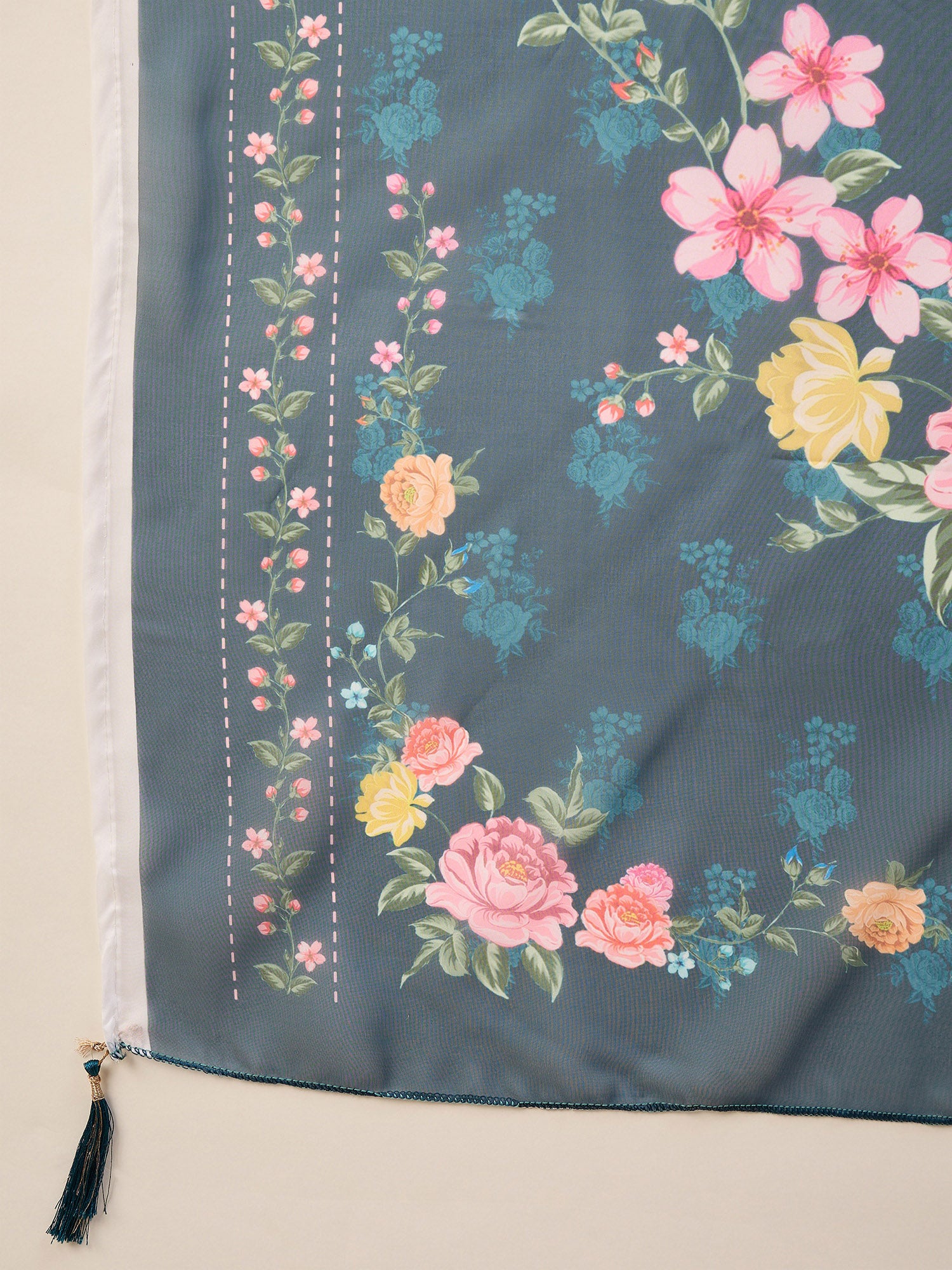 Blue Pure Cotton Beads & Stone Embroidered With Buttons A-Line Kurta Trouser With Printed Dupatta