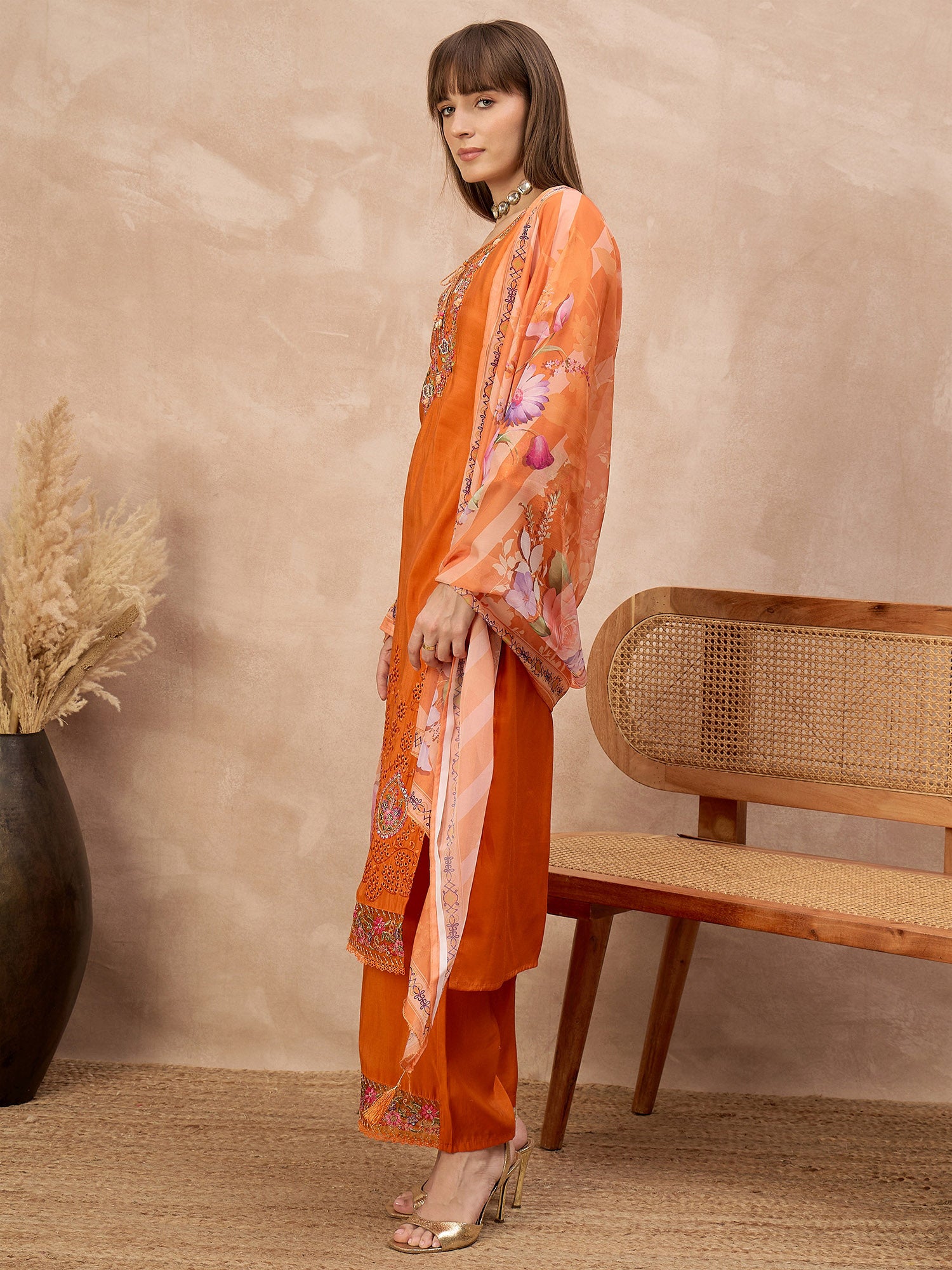 Orange Pure Cotton Beads & Stone Embroidered A-Line Kurta Trouser With Printed Dupatta