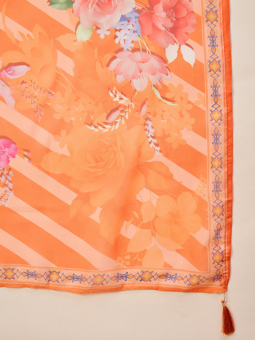 Orange Pure Cotton Beads & Stone Embroidered A-Line Kurta Trouser With Printed Dupatta