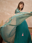 Green Pure Cotton Solid A-Line Kurta Trouser With Floral & Mirror Embroidered Shrug