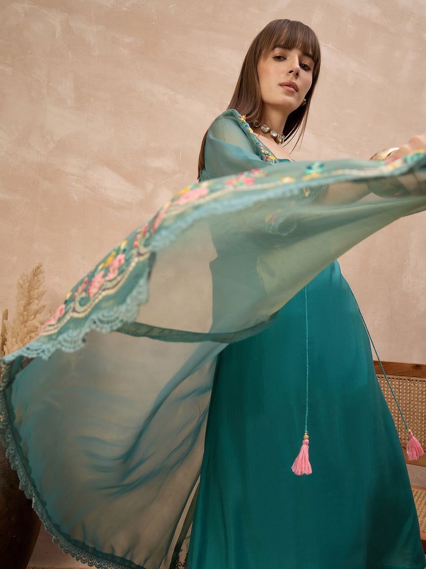 Green Pure Cotton Solid A-Line Kurta Trouser With Floral & Mirror Embroidered Shrug