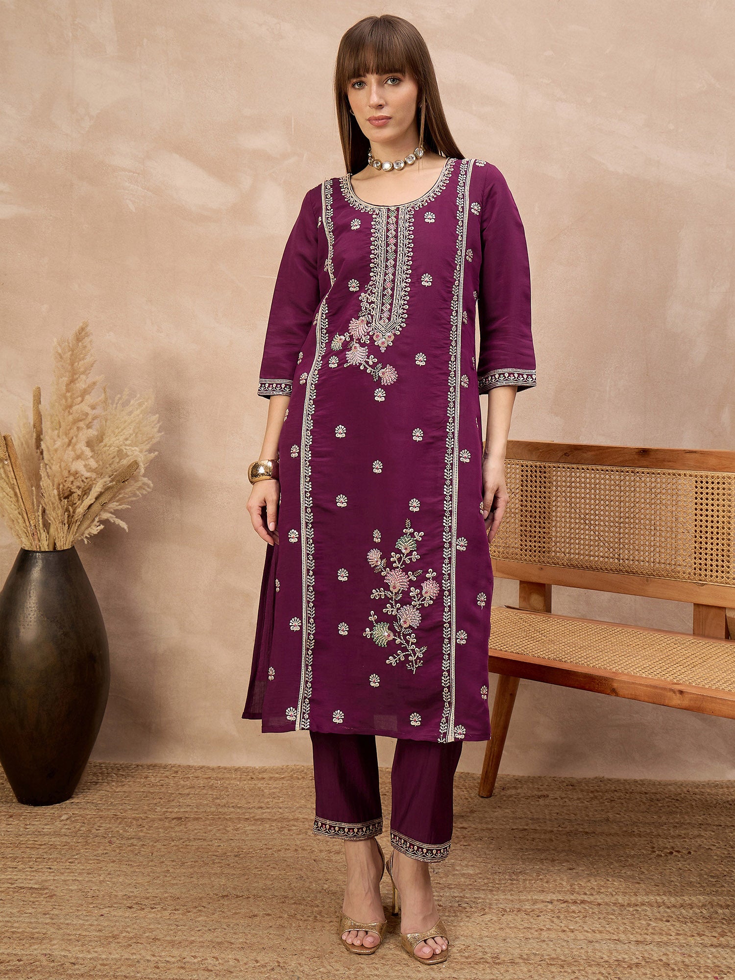 Purple Silk Blend Embroideried A-Line Kurta Trouser With Dupatta