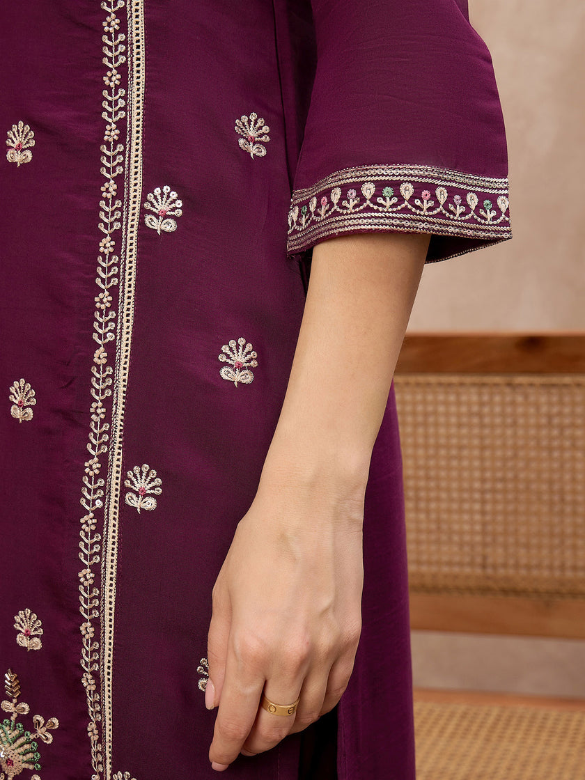 Purple Silk Blend Embroideried A-Line Kurta Trouser With Dupatta