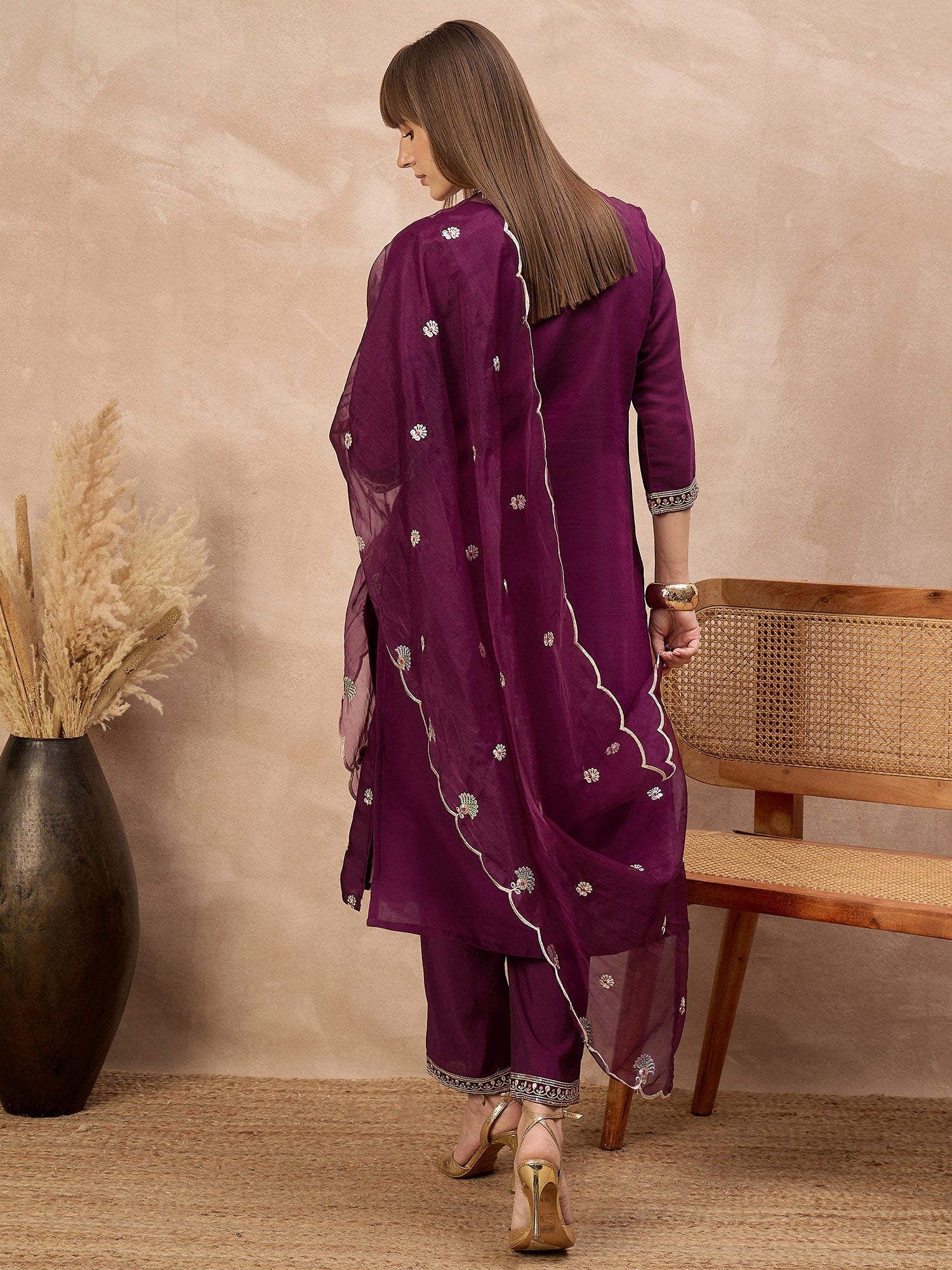 Purple Silk Blend Embroideried A-Line Kurta Trouser With Dupatta