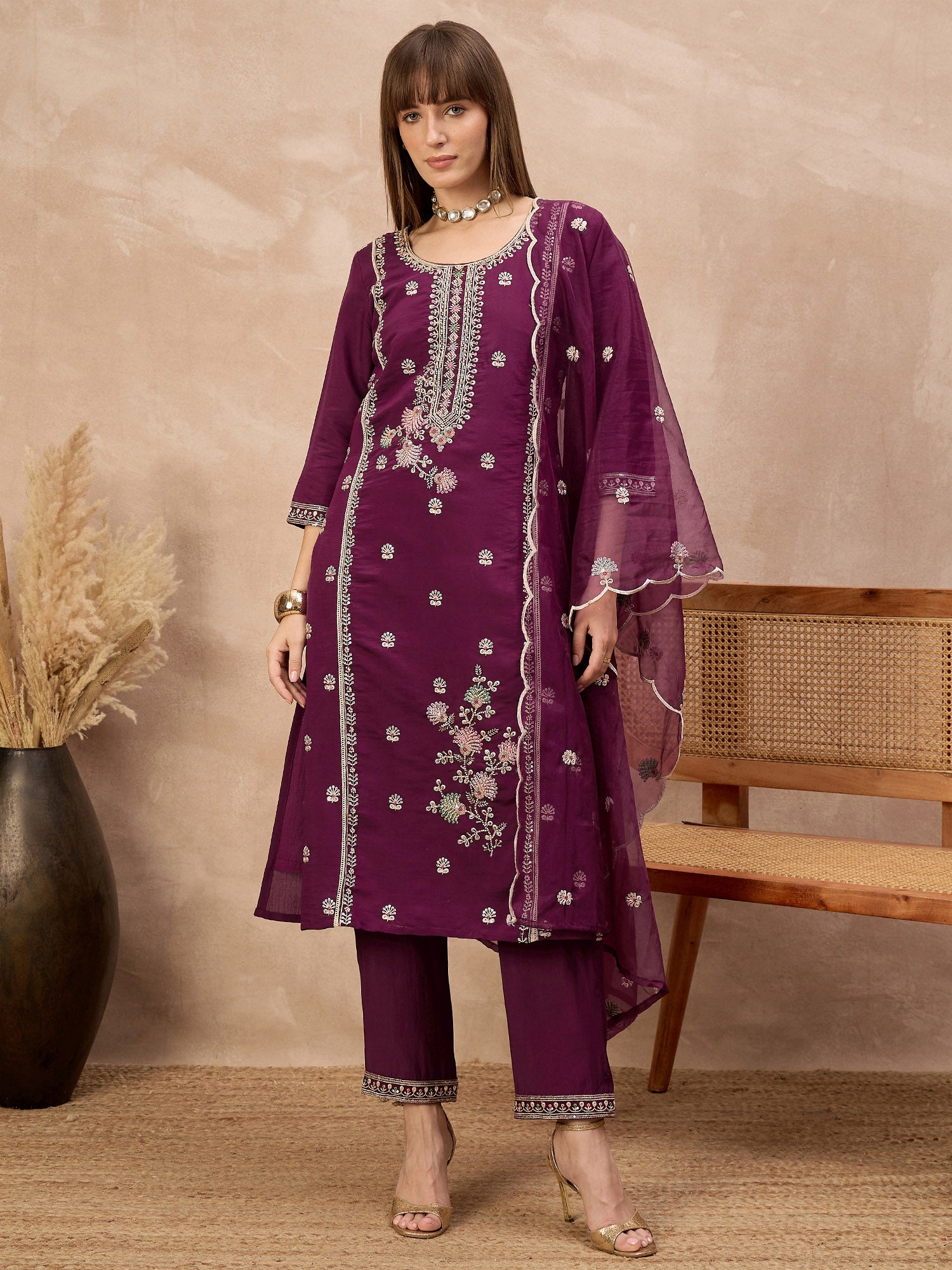 Purple Silk Blend Embroideried A-Line Kurta Trouser With Dupatta