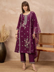 Purple Silk Blend Embroideried A-Line Kurta Trouser With Dupatta