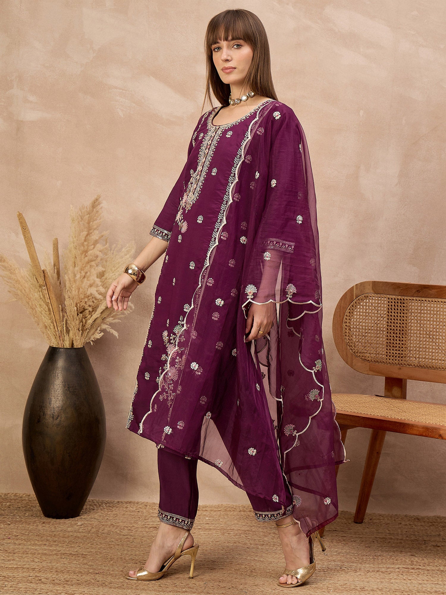 Purple Silk Blend Embroideried A-Line Kurta Trouser With Dupatta