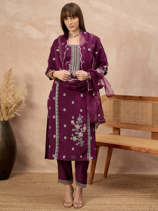 Purple Silk Blend Embroideried A-Line Kurta Trouser With Dupatta