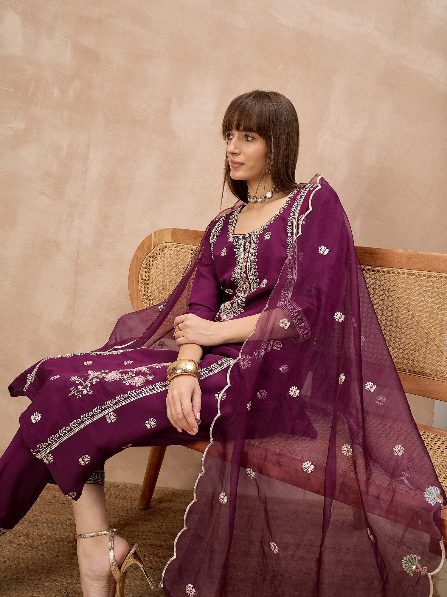Purple Silk Blend Embroideried A-Line Kurta Trouser With Dupatta