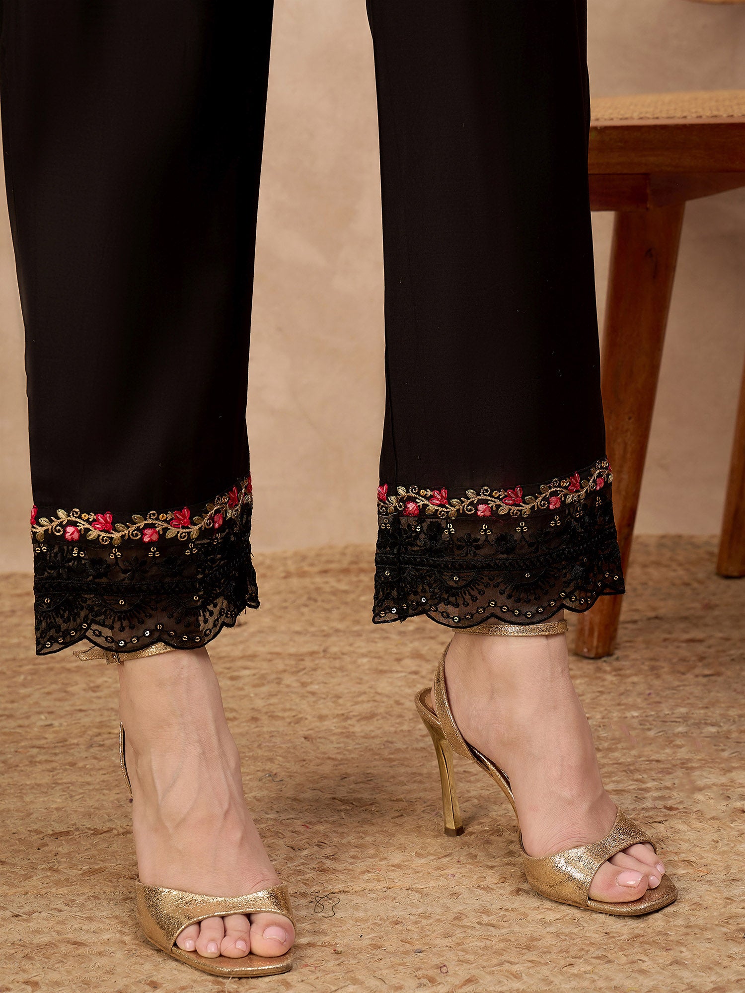 Black Silk Blend Embroideried A-Line Kurta Trouser With Dupatta